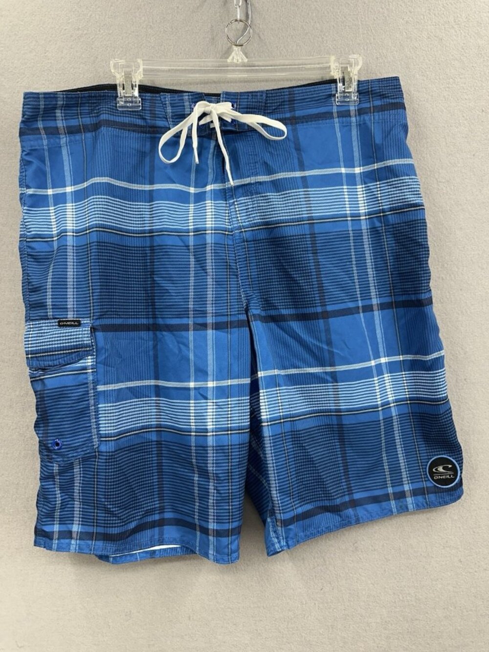 O'Neill Board Shorts Mens 36 Blue Plaid Cargo Pocket Swim Trunks Drawstring Surf